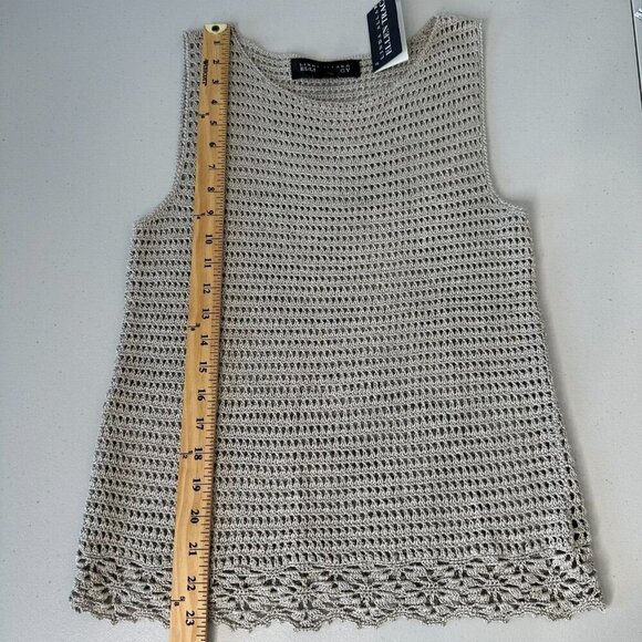 Linda Allard Ellen Tracy Open Knit Top Womens Sz S Crochet Tan Sleeveless Khaki - Picture 9 of 11